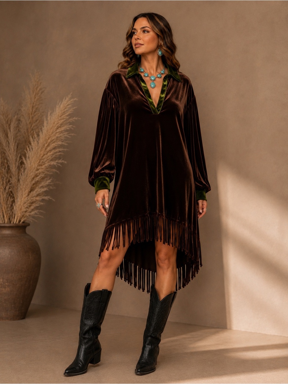 Luxury Brown Velvet Fringe Dress XXL Western Boho High Low Tunic Green Trim